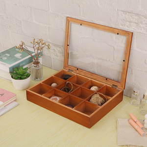 Boîte de rangement en bois à douze compartiments avec couvercle en verre pour bijoux, organisateur de bureau, capacité 4L - Product Image 1