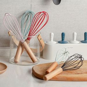 Batidor de huevo y mezclador de masa danesa multicolor, manual, de silicona con mango de madera de bambú para matcha - Product Image 5