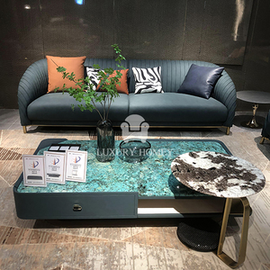 Juego de sofá cama de cuero genuino moderno hogareño de lujo sofá verde azulado + mueble de TV azul pavo real + mesa de centro de Metal de mármol + acento naranja - Product Image 1