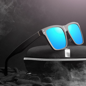 Unisex Square Sunglasses <b>Black</b> <b>Frame</b> Blue Lens UV400 Polarized Large Face Fashion Style - Product Image 2