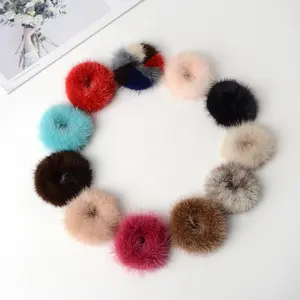GEERDENG Top Selling New Real Mink Fur Hair Scrunchies Sweet Faux Mink Fur Fluffy Ball Pom Pom Scrunchies for Autumn Winter