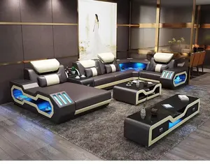 Modern Lampu LED Hitam dan Putih Sofa Set Mebel Ruang Tamu Sofa Kulit Sectional