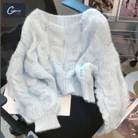 Candice Sweter Pullover Wanita, Sweater Pullover Wanita Mohair Manik-manik Kebesaran Lengan Puff Kerah O Musim Semi dan Gugur 2022