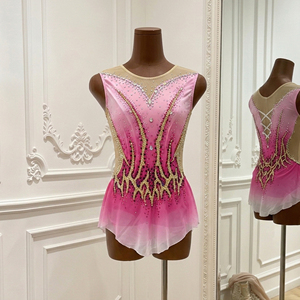 Maillot de Gimnasia Artística Degradado Rosa con Malla en el Cuello, Vestido de Patinaje Artístico con Pedrería, Traje de Actuación sin Mangas - Product Image 3