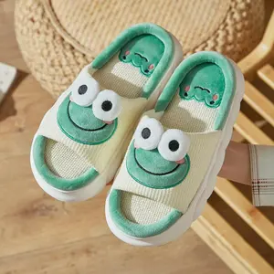 Sandal Linen katun kodok lucu modis, sandal wanita Slip on rumah nyaman busa memori dengan sol tebal