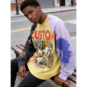 OEM Custom Pattern Color Blocking Digital Printing Distressed Heavyweight Streetwear 400 GSM Pullover Men's Crew Neck Sweatshirt - Product Image 3