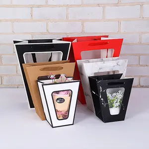 Transparent window bolsas de papel para Mother's Day flower trapezoid holographic flower bouquet gift paper bag with open front