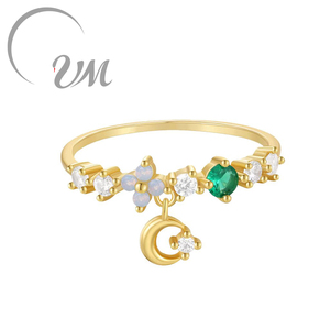 Anillo de Plata de Ley 925 UM JEWELRY, Romántico, con Circonitas Rosa, Verde, Blanco y Azul, Diseño de Flor, Hoja y Luna, Chapado en Oro, para Boda, Compromiso, Estilo Minimalista - Product Image 3