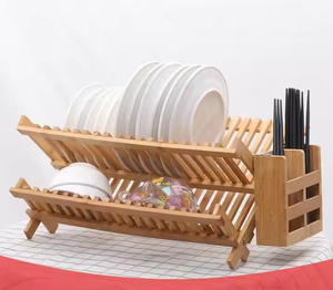 Juegos de vajilla plegables de dos niveles plegables de bambú plegable, estante para cuenco, encimera con cubertería, utensilio, soporte para cubiertos - Product Image 1