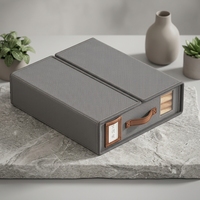 Boîte de rangement moderne pour draps de lit en velours gris Oxford avec fermeture Velcro, 38x32x11,5 cm, pliable avec fenêtre transparente et poignée en cuir