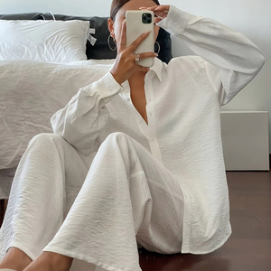 Bộ Đồ Hai món cho nữ áo thường ngày màu trơn quần ống rộng dáng rộng mùa xuân mùa thu bền may áo sơ mi dễ dàng - Product Image 3