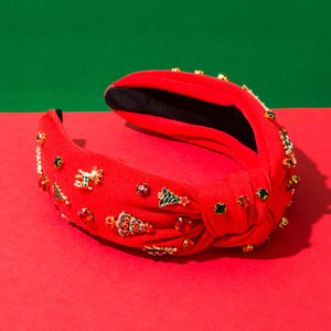 Christmas <strong>Tartan</strong> Plaid Knotted <strong>Headband</strong> Xmas Tree Reindeer Hairband Wide Bling Rhinestone Crystal Jeweled Holiday Hair Hoop - Product Image 3