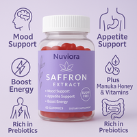 Complément alimentaire à base de plantes pour le bien-être, soutien de l'humeur et soulagement du stress, avec extrait de safran et miel de Manuka, 60 gommes, marque privée, vente en gros, OEM