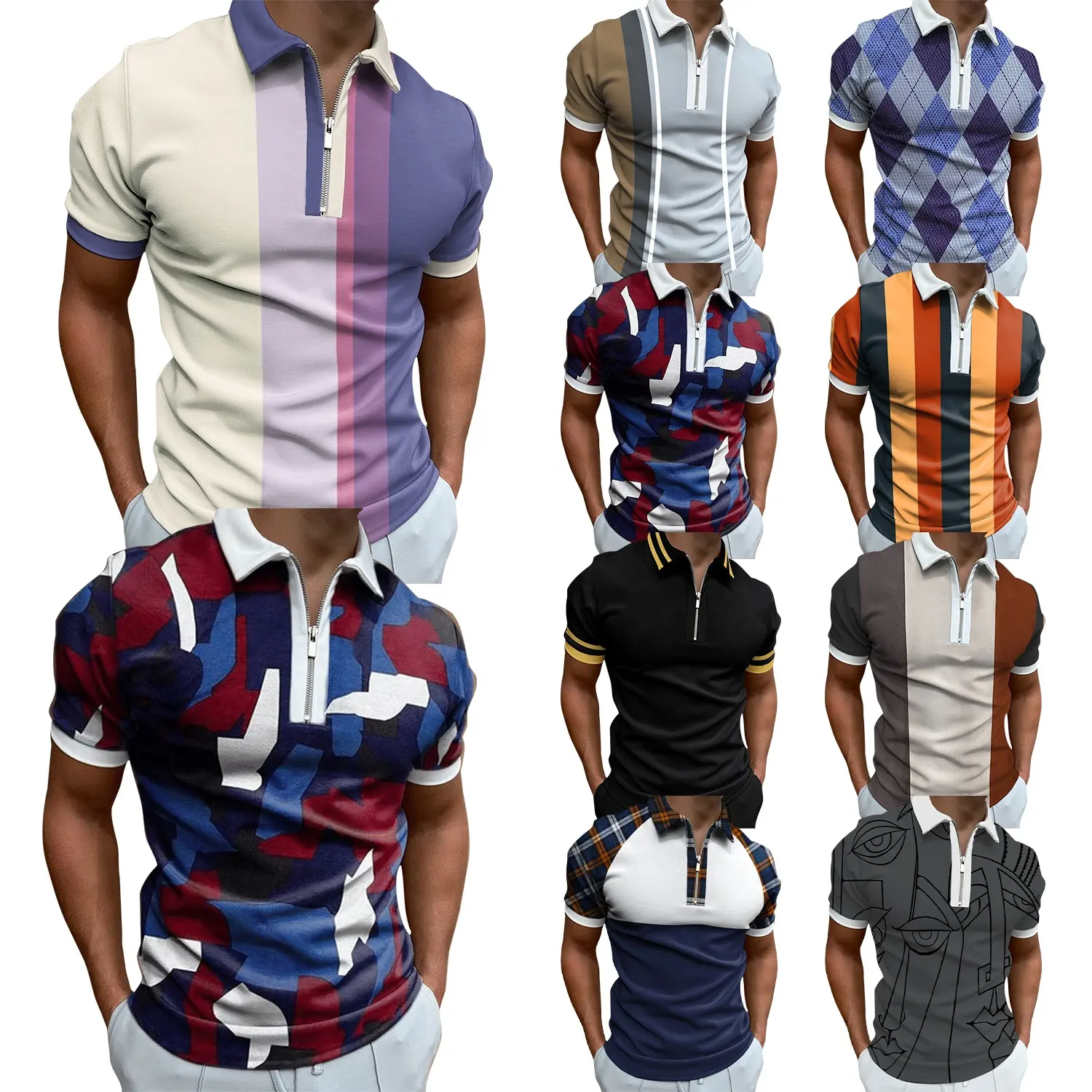 주문 남자의 폴로 셔츠 빠른 건조한 다채로운 3D 승화 골프 셔츠 플러스 크기 지퍼 폴로 셔츠 우연한 착용 본 t-셔츠