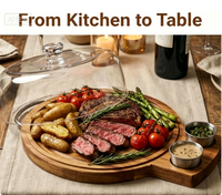 Plateau à steak en bois d'acacia avec couvercle en dôme, planche à découper en acier inoxydable pour la reposée de la viande, plateau de service en bois
