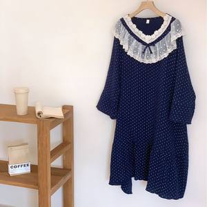 Pigiama a doppio strato a onda blu <span class=keywords><strong>camicia</strong></span> da <span class=keywords><strong>notte</strong></span> primavera e autunno stile principessa a <span class=keywords><strong>maniche</strong></span> <span class=keywords><strong>lunghe</strong></span> da donna - Product Image 2