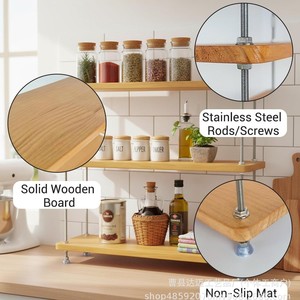 Wooden Multi Tiered Kitchen <b>Shelf</b> 3 Tier Adjustable Storage <b>Rack</b> For Spices Coffee Utensils Countertop Organizer - Product Image 3