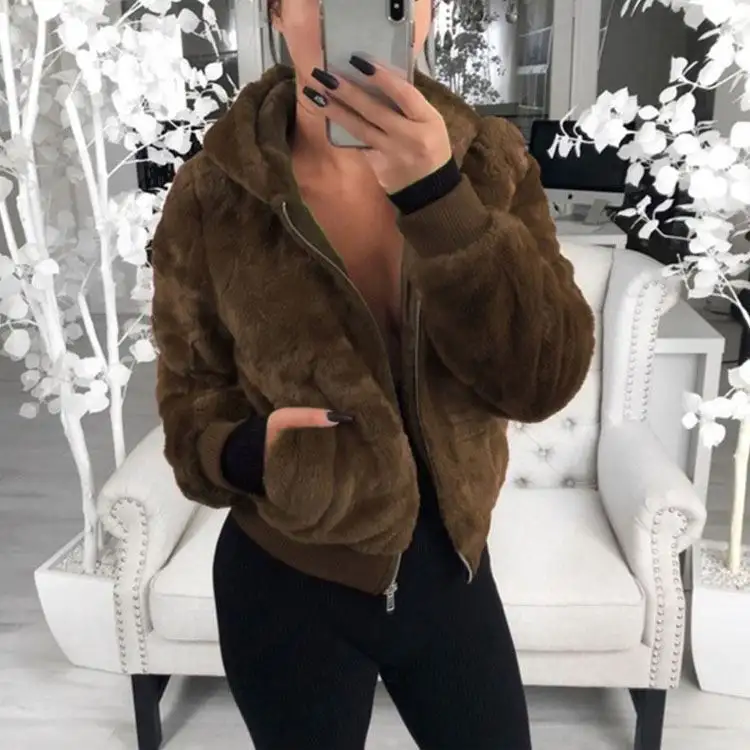 Women's Fox Fur Winter Mink Rabbit Fur Faux Fur Zip Up Jacket Hooded Coat