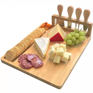 Bamboo <b>Cheese</b> Board <b>Set</b> With Four Piece <b>Knife</b> <b>Set</b> Portable Cutting Board For Kitchen Food Serving Durable Hand Wash Only - Product Image 1
