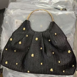 New explosive fashion nail bead straw bag vacation seaside beach woven pleated <b>ring</b> handbag for women Bag - Product Image 2
