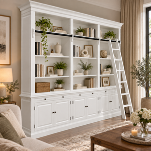 Bibliothèque blanche en bois style ferme avec étagère échelle, 9 étagères, meuble de rangement pour salon - Product Image 1
