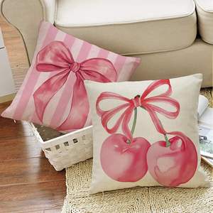 Funda de Almohada con Lazo Rosa, Diseño Estético de Corazón de Cereza para Decoración del Hogar de Niñas, Diseño de Cuadrícula a Rayas en la Era de Mi Amor Propio - Product Image 4