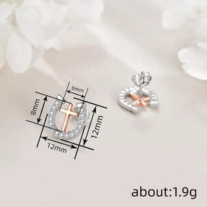 Orecchini a Cerchio Bicolore in Argento 925 Placcato Oro Rosa con Cristalli e Strass, Gioielli Religiosi da Donna per Uso Quotidiano - Product Image 4