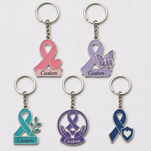 Porte-clés personnalisés en gros de haute qualité pour la sensibilisation au cancer, avec ruban symbole, souvenirs de bien-être public, porte-clés pour bénévoles - Product Image 1
