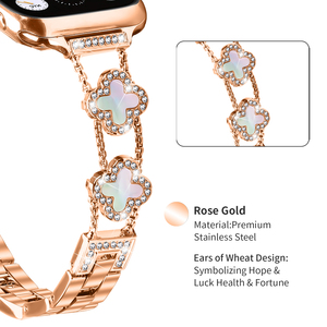 Bracelet en acier inoxydable à double trèfle à quatre feuilles <span class=keywords><strong>pour</strong></span> <span class=keywords><strong>Apple</strong></span> <span class=keywords><strong>Watch</strong></span> Series 11 10 9 <span class=keywords><strong>SE</strong></span> Ultra 3 2 <span class=keywords><strong>pour</strong></span> femmes - Product Image 2