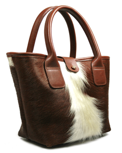 Sac fourre-tout élégant pour femme en cuir véritable, motif bicolore en cuir de vachette à poils, fermeture éclair, double poignée, usage quotidien, polyester - Product Image 1