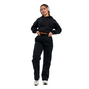 Women Black Hooded Tracksuit Full Sleeve Solid Color Casual Sweatshirt And <b>Pants</b> Set With Side Pockets Breathable Autumn Wear - Product Image 1