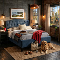 Lit plateforme capitonné bleu marine avec boutons, taille Queen, mobilier de chambre moderne en lin, OEM ODM, vente en gros