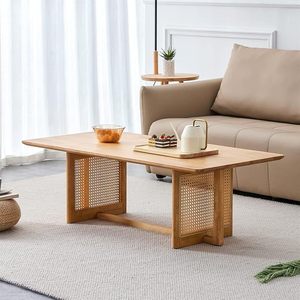 This cross-border best-selling rattan and wood <b>coffee</b> <b>table</b> is rectangular with cross-shaped <b>legs</b> and is suitable <b>for</b> living - Product Image 1