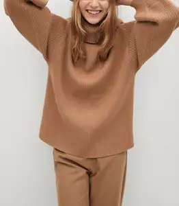 2024 Fall Winter Pure Cashmere Wide Sleeve Turtle Neck Sweater Design Rib Knit 100% Cashmere Women Camel Jumper