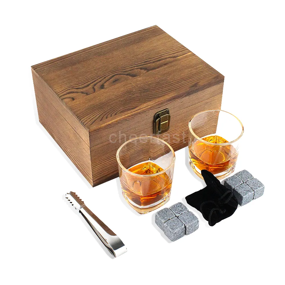 Top Sales Whisky Stones Geschenkset und Granit Whisky Cooling Eiswürfel mit Holz Geschenk box Set und Whisky Glas Set