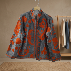 Stylish <b>Velvet</b> Mandarin Collar <b>Jacket</b> With Hand Embroidered Floral Pattern Full Sleeve Autumn Wear <b>Women's</b> Regular Length - Product Image 1
