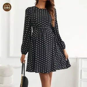 Custom Design Elegant Women's Nursing Dress Maternity Daily Wear Polka Dots Long Sleeve Dress