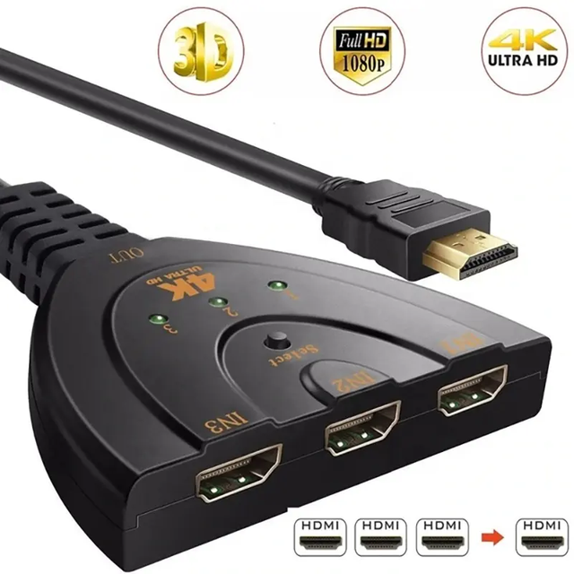 Xput 3 Port 3 in 1 Out HDMI Switcher Support 4K Ultra HD 1080P 3D High Definition Video Audio Selector Hub for HDTV Laptop Game