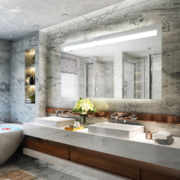 Cermin Pintar LED Modern untuk Hotel, Finishing Sandblasted Satu Sisi, Sakelar Sentuh Besar, Anti Embun, Pencahayaan Depan Tinggi, Tahan Air untuk Kamar Mandi