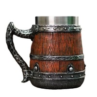 D5903 Chope à bière effet bois en acier inoxydable 304, tasse à café médiévale, cadeau, chope de taverne en forme de baril en bois