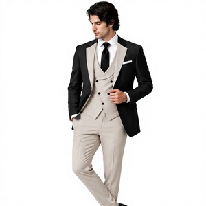 Traje formal de 3 piezas para hombre, color negro y marfil, con solapa en contraste, blazer, chaleco de doble botonadura, pantalones, traje de novio para boda - Product Image 5