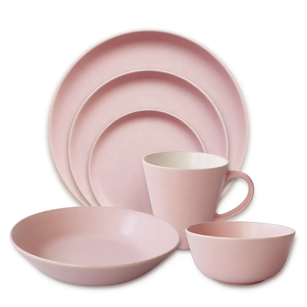 Wholesale glazed crockery ceramic dinnerware set pink dinner plates and bowls porcelain dinner set