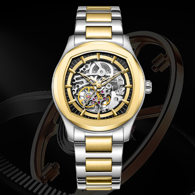 Wholesale Customized Logo Gold Men's Watch Reloj Automatico Classic Stainless Steel Skeleton Wrist Watch Mechanical Automatic