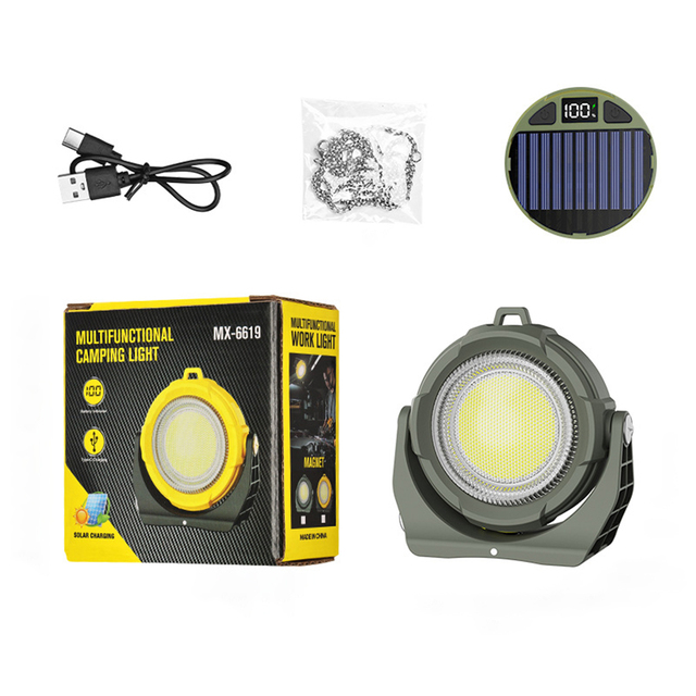 Portable RGB Colorful LED Solar Camping Work Light Rechargeable COB Lamp with IP65 Rating for Workshop & Ambience