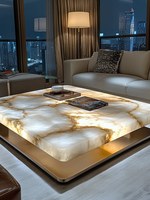 Table basse de luxe légère haut de gamme avec plateau carré en marbre et base en métal BECT025 avec éclairage pour salon ou hall