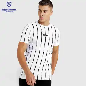 Fashion 100% cotton cheap men's custom printed round neck men stripe printed T-Shirt with woven Tab