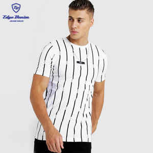 Mode 100% coton pas cher hommes imprimé personnalisé col rond hommes rayure imprimé T-Shirt avec onglet tissé - Product Image 1