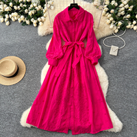 Robes longues élégantes pour femmes, vintage, françaises, brodées, à col à revers, à manches longues, avec ceinture à la taille