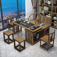 Table à thé en bois massif de style chinois : Ensemble de thé compact et portable pour balcon avec bouilloire intégrée, table et chaises en bois d'hévéa