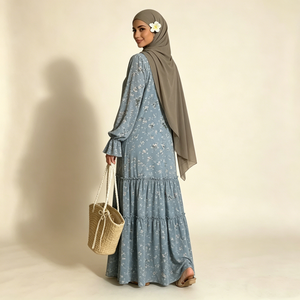 Robes Maxi Abaya Décontractées et Modestes pour Filles, Bleu Poussière, Imprimé Floral, Col Froncé, Manches Longues à Volants, Superposées, Vente <span class=keywords><strong>en</strong></span> Gros - Product Image 3